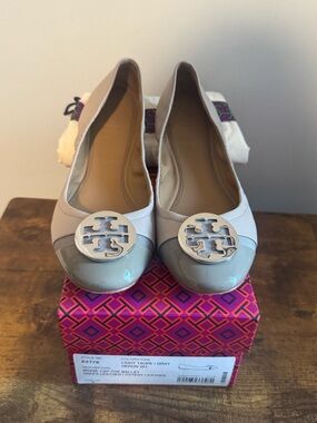 Tory Burch Two-Tone Taupe and Gray Patent Cap-Toe Ballet Flats Size 8